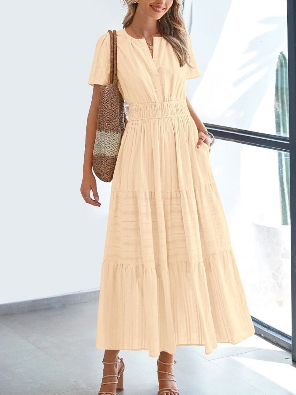 BTFBM Apricot V-Neck Tiered Boho Maxi Dress XL #7